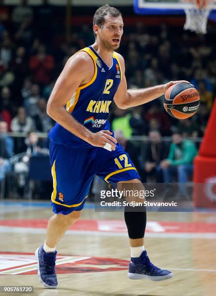 Sergey Monia of Khimki in action during the 2017/2018 Turkish Airlines EuroLeague Regular Season Round 18 game between Crvena Zvezda mts Belgrade and...