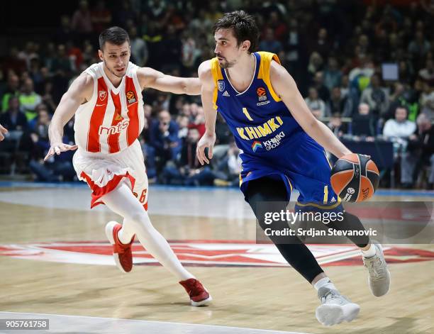 Alexey Shved of Khimki in action against Nemanja Dangubic of Crvena Zvezda during the 2017/2018 Turkish Airlines EuroLeague Regular Season Round 18...