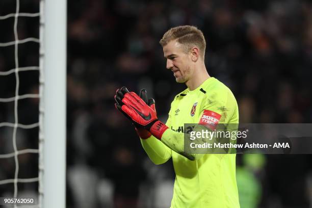 Joe Hart of West Ham United reacts to his side's goal during the Emirates FA Cup Third Round Repaly match between West Ham United and Shrewsbury Town...
