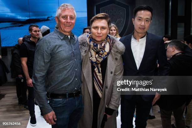 Kevin Au-Yeung of Nobis, Dawid Tomaszewsky and Robin Yates of Nobis during the Nobis Cocktail at Premium Berlin on January 16, 2018 in Berlin,...