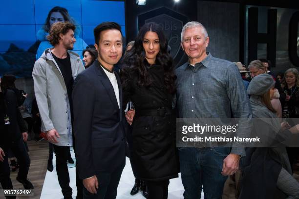 Kevin Au-Yeung of Nobis, Rebecca Mir and Robin Yates of Nobis during the Nobis Cocktail at Premium Berlin on January 16, 2018 in Berlin, Germany.