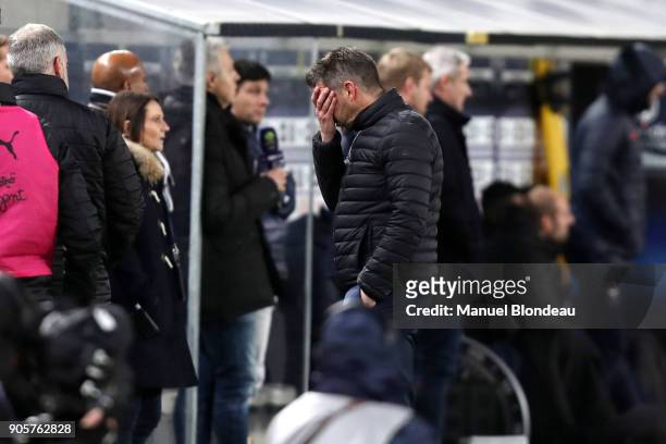 Head coach Jocelyn Gourvennec of Bordeaux looks dejected during the Ligue 1 match between FC Girondins de Bordeaux and SM Caen at Stade Matmut...