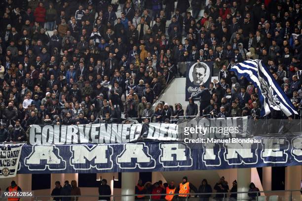 Supporters of Bordeaux display a giant banner to request resignation of Head coach Jocelyn Gourvennec of Bordeaux during the Ligue 1 match between FC...