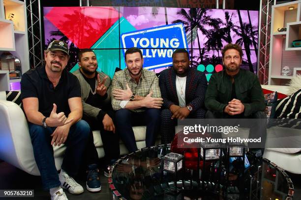 Christian Gudegast, O'Shea Jackson Jr., Pablo Schreiber, Curtis "50 Cent" Jackson and Gerard Butler visit the Young Hollywood Studio on January 16,...