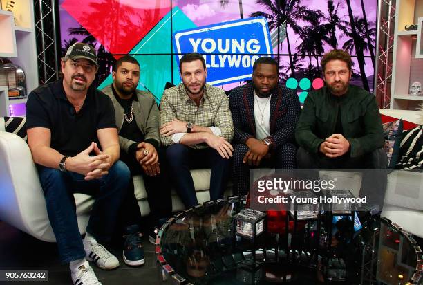 Christian Gudegast, O'Shea Jackson Jr., Pablo Schreiber, Curtis "50 Cent" Jackson and Gerard Butler visit the Young Hollywood Studio on January 16,...