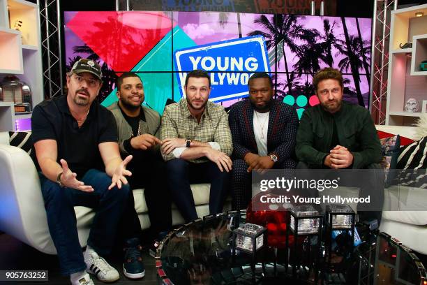 Christian Gudegast, O'Shea Jackson Jr., Pablo Schreiber, Curtis "50 Cent" Jackson and Gerard Butler visit the Young Hollywood Studio on January 16,...