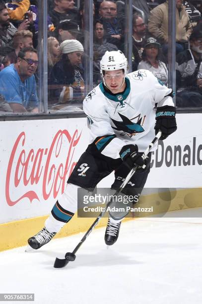 Justin Braun of the San Jose Sharks handles the puck during a game against the Los Angeles Kings at STAPLES Center on January 15, 2018 in Los...