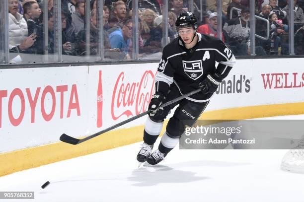 Dustin Brown of the Los Angeles Kings skates after the puck during a game against the San Jose Sharks at STAPLES Center on January 15, 2018 in Los...