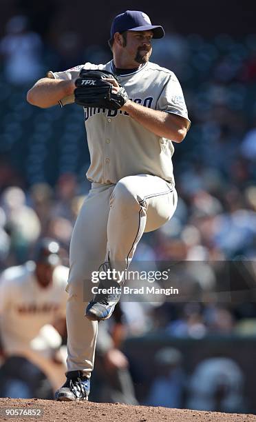 Heath Bell of the San Diego Padres pitches against the San Francisco Giants during the game at AT&T Park on September 9, 2009 in San Francisco,...