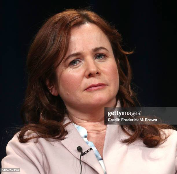 Actress Emily Watson speaks during the PBS segment of the 2018 Winter Television Critics Association Press Tour at The Langham Huntington, Pasadena...