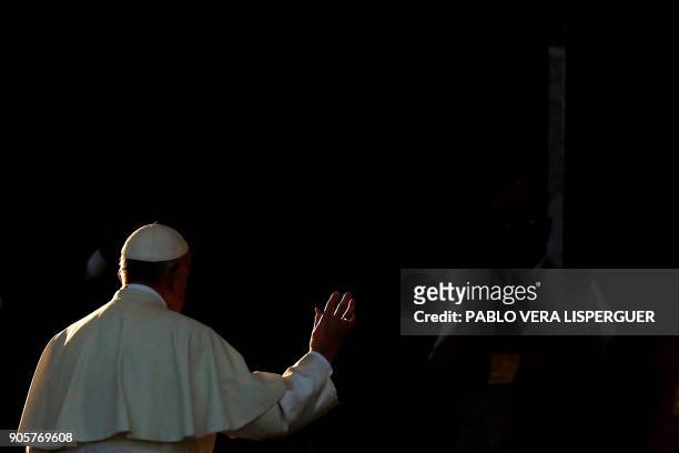 Pope Francis is pictured during his visit at Padre Hurtado Sanctuary in Santiago, on January 16, 2018. The pope landed in Santiago late Monday on his...