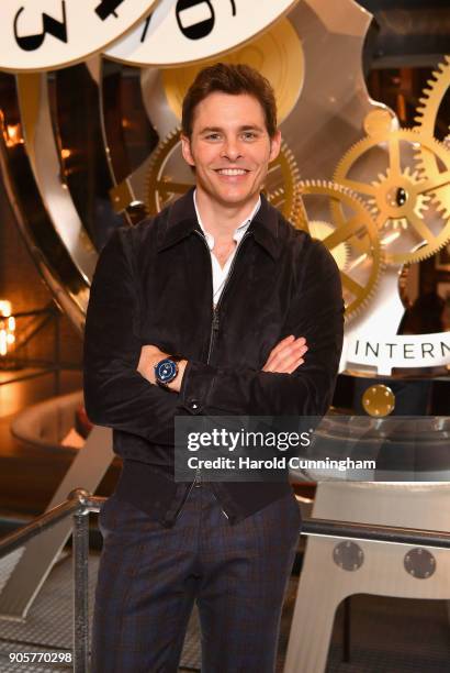 James Marsden visits the IWC booth during the Maison's launch of its Jubilee Collection at the Salon International de la Haute Horlogerie on January...