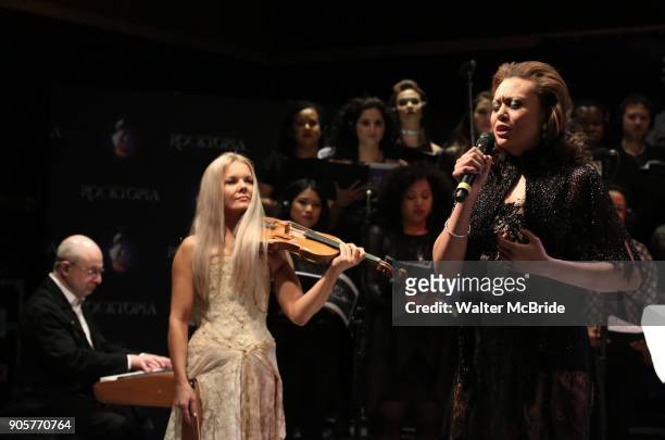 Henry Aaronson, Mairead Nesbitt and Alyson Cambridge performing during the Performance Presentation of "Rocktopia" at SIR Studios on January 16, 2018...