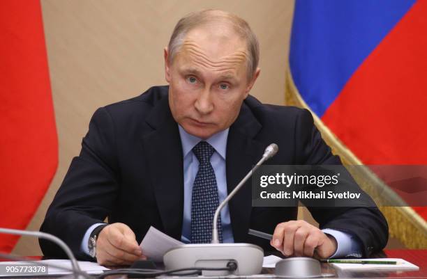 Russian President Vladimir Putin speeches during his weekly meeting with minister of Russian Government at Novo-Ograyovo State Residence outskirts of...