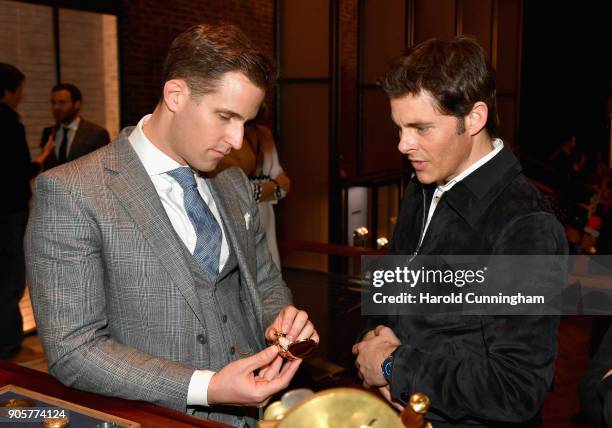 Schaffhausen CEO Christoph Grainger-Herr and James Marsden visit the IWC booth during the Maison's launch of its Jubilee Collection at the Salon...