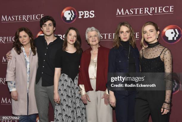 Actors Emily Watson, Jonah Hauer-King, Annes Elwy, Angela Lansbury, Maya Hawke, and Willa Fitzgerald attend photo call for BBC's "Little Women" at...