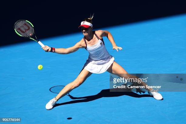 Olivia Rogowska of Australia plays a forehand in her second round match against Katerina Siniakova of the Czech Republic on day three of the 2018...