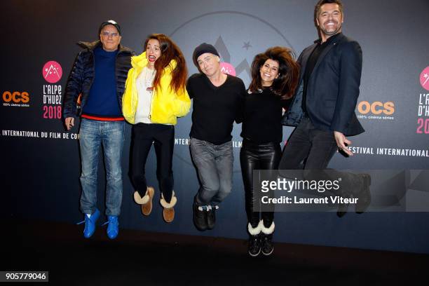 Christophe Lambert, Audrey Dana, Franck Dubosc, Reem Kherici and Aurnaud Ducret attend Opening Ceremony during the 21st L'Alpe D'Huez Comedy Film...
