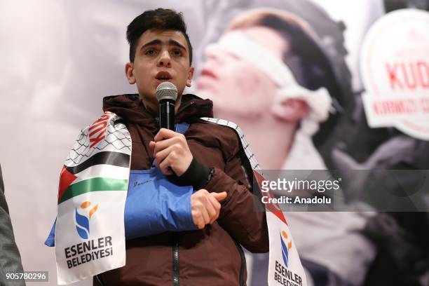 Fawzi al-Junaidi who was manhandled and detained by Israeli soldiers and became the symbol of Jerusalem resistance, makes a speech as he attends the...