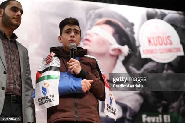 Fawzi al-Junaidi who was manhandled and detained by Israeli soldiers and became the symbol of Jerusalem resistance, makes a speech as he attends the...