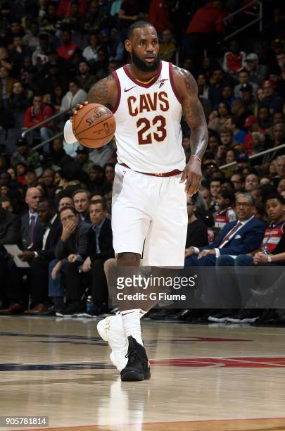 LeBron James of the Cleveland Cavaliers handles the ball against the Washington Wizards at Capital One Arena on December 17, 2017 in Washington, DC....