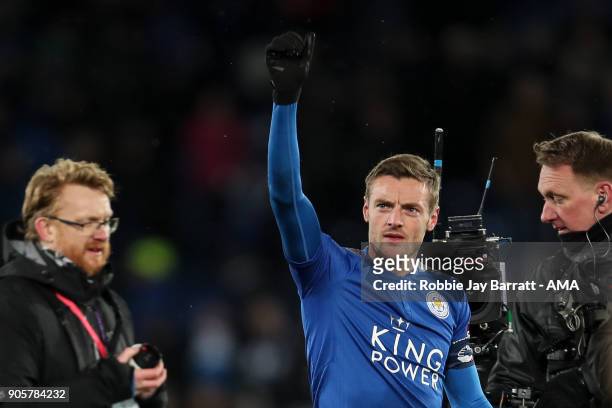 Jamie Vardy of Leicester City gives the Fleetwood Town fans a thumbs up at full time during The Emirates FA Cup Third Round Replay match between...