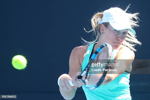 Denisa Allertova of the Czech Republic plays a backhand in her second round match against Shuai Zhang of China on day three of the 2018 Australian...