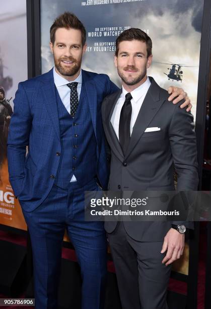Geoff Stults and Austin Stowell attend the world premiere of "12 Strong" at Jazz at Lincoln Center on January 16, 2018 in New York City.