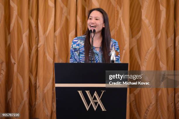 Honoree Annie Chang accepts the Distinguished Leadership Award onstage at the Advanced Imaging Society 2018 Lumiere Technology Awards Featuring The...