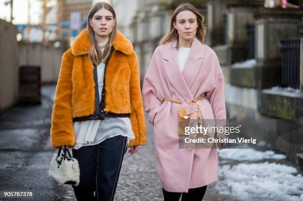 Swantje Soemmer wearing yellow H&M trend jacket, blouse and pants Sportmax, Longchamp bag, Zara ankle boots and Sarah Schaefer wearing pink H&M trend...