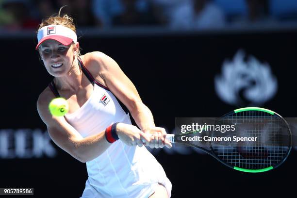 Olivia Rogowska of Australia plays a backhand in her second round match against Katerina Siniakova of the Czech Republic on day three of the 2018...