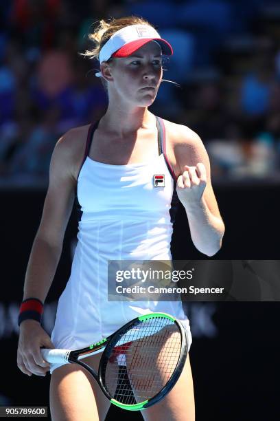 Olivia Rogowska of Australia celebrates winning a point in her second round match against Katerina Siniakova of the Czech Republic on day three of...