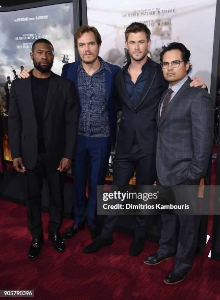 Trevante Rhodes, Michael Shannon, Chris Hemsworth and Michael Pena attend the world premiere of "12 Strong" at Jazz at Lincoln Center on January 16,...