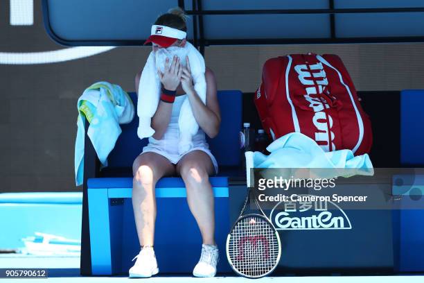 Olivia Rogowska of Australia attempts to cool down between games in her second round match against Marta Kostyuk of Ukraine on day three of the 2018...