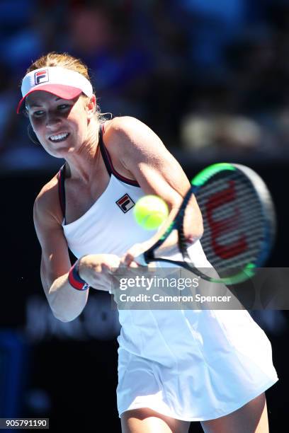 Olivia Rogowska of Australia plays a backhand in her second round match against Katerina Siniakova of the Czech Republic on day three of the 2018...
