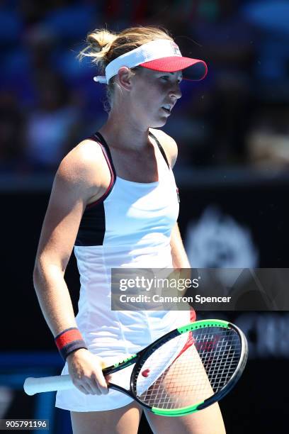 Olivia Rogowska of Australia looks on in her second round match against Katerina Siniakova of the Czech Republic on day three of the 2018 Australian...