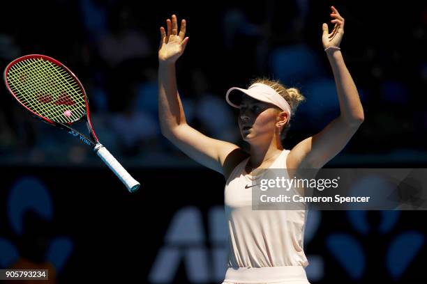 Year-old Marta Kostyuk of Ukraine celebrates winning match point in her second round match against Olivia Rogowska of Australia on day three of the...