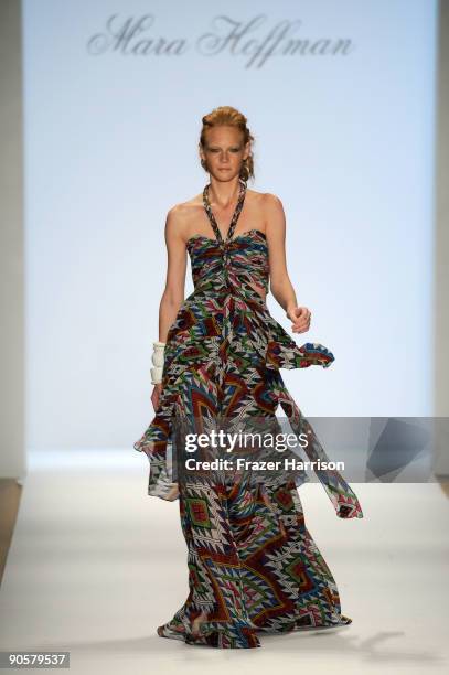 Model walks the runway at the TRESemme at Mara Hoffman Spring 2010 Fashion Show at the Promenade during Mercedes-Benz Fashion Week at Bryant Park on...