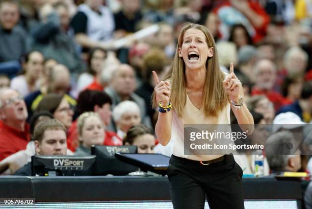 Michigan Wolverines head coach Kim Barnes Arico reacts in a game between the Ohio State Buckeyes and the Michigan Wolverines on January 16, 2018 at...