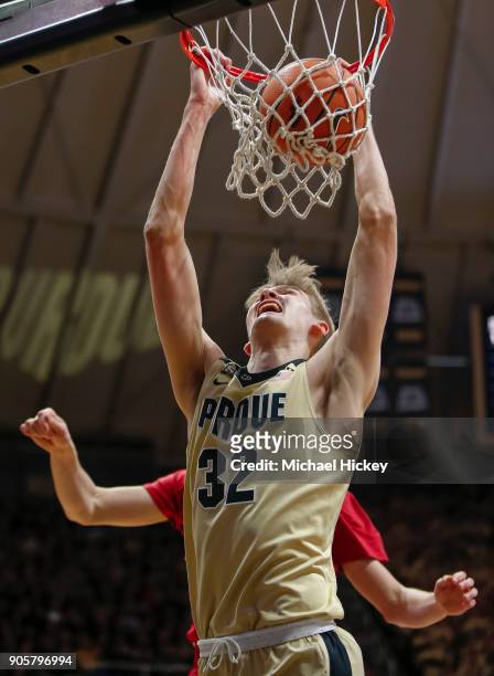 Matt Haarms of the Purdue Boilermakers dunks the ball against the Wisconsin Badgers at Mackey Arena on January 16, 2018 in West Lafayette, Indiana.