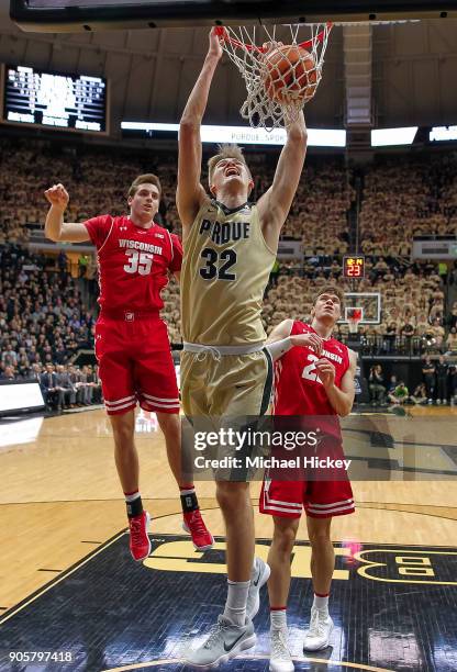 Matt Haarms of the Purdue Boilermakers dunks the ball against the Wisconsin Badgers at Mackey Arena on January 16, 2018 in West Lafayette, Indiana.