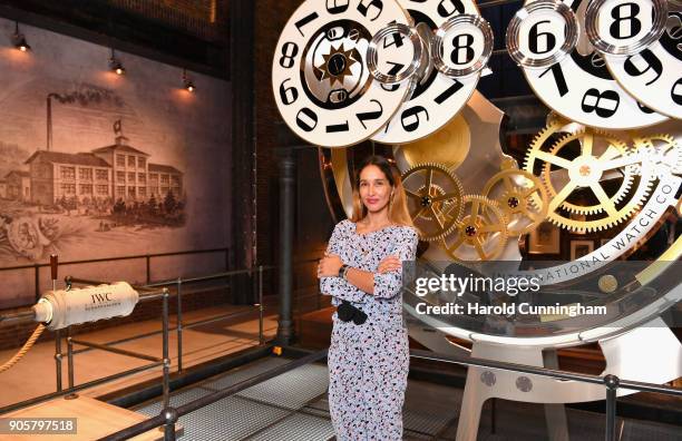 Tiany Kiriloff visits the IWC booth during the Maison's launch of its Jubilee Collection at the Salon International de la Haute Horlogerie on January...