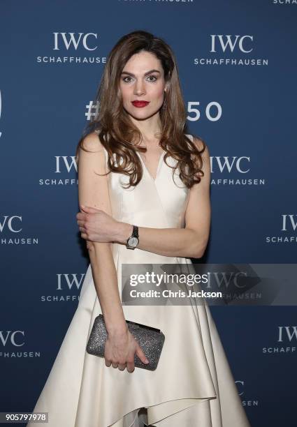 Anna Drijver visits the IWC booth during the Maison's launch of its Jubilee Collection at the Salon International de la Haute Horlogerie on January...