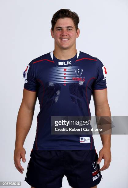 Richard Hardwick of the Rebels poses during the Melbourne Rebels Super Rugby headshots session at AAMI Park on January 17, 2018 in Melbourne,...