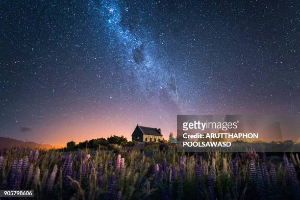 church of the good shepherd and milky way with lupins blooming, lake tekapo, new zealand - ニュージーランド ストックフォトと画像