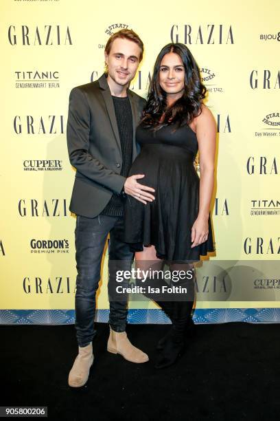 Constantin von Jascheroff and his girlfriend Haleh Esbak attend the Grazia Fashion Dinner at Titanic Deluxe Hotel on January 16, 2018 in Berlin,...