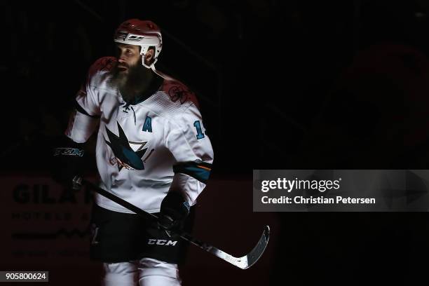 Joe Thornton of the San Jose Sharks skates on the ice before the start of the NHL game against the Arizona Coyotes at Gila River Arena on January 16,...