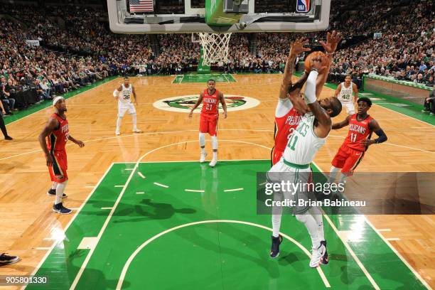 Kyrie Irving of the Boston Celtics dunks against the New Orleans Pelicans on January 16, 2018 at the TD Garden in Boston, Massachusetts. NOTE TO...