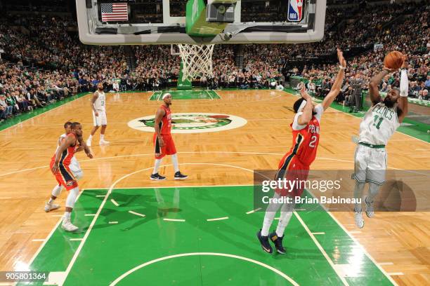 Kyrie Irving of the Boston Celtics dunks against the New Orleans Pelicans on January 16, 2018 at the TD Garden in Boston, Massachusetts. NOTE TO...