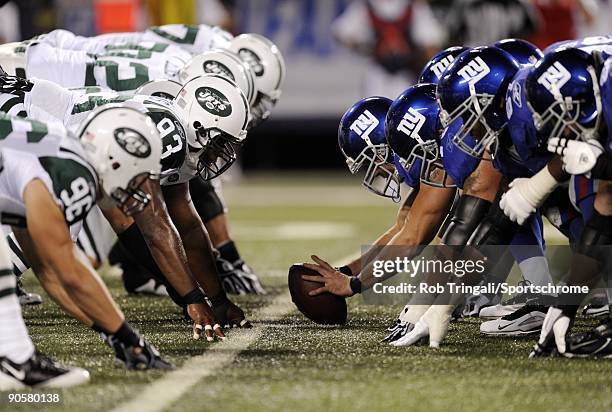 General view on the line of scrimmage before the snap during a preseason game between the the New York Jets and the New York Giants at Giants Stadium...